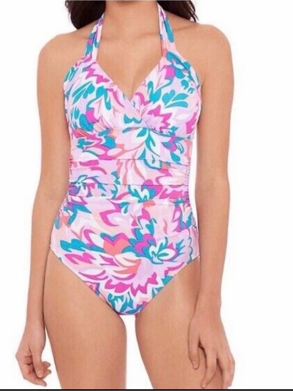 Beach Native One Piece Bathing Suit Swim Halter Pink Blue Floral Size XL NWT